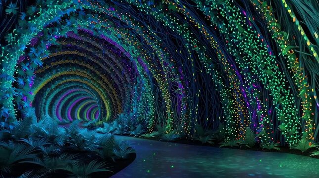 Neon Lighted Jungle Tunnel Stock Video Footage
