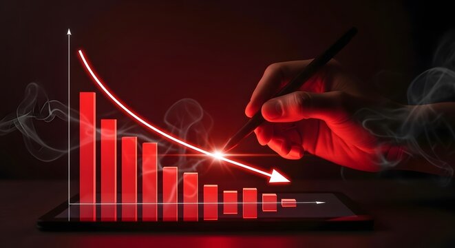 Downward trending financial graph on a tablet, indicating economic recession and market decline with a hand pointing.