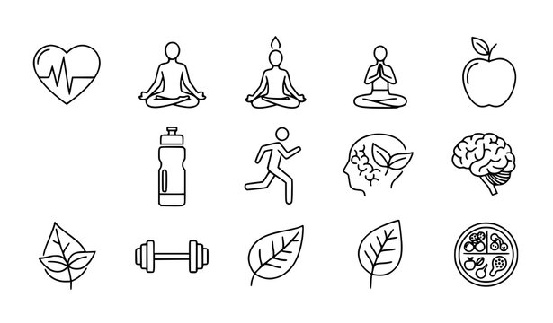Wellness and Healthy Lifestyle Line Icon Set Black Vector