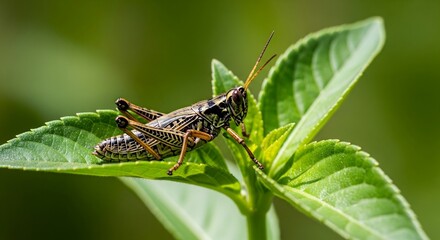 Macro close up of grasshopper sitting on green leaf in natural environment