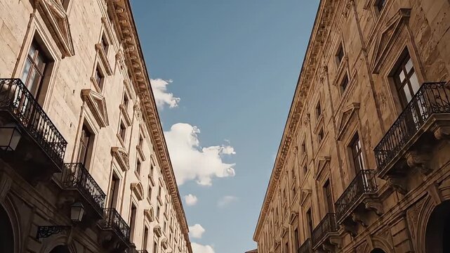Low angle view upwards towards ornate historical buildings with detailed facades against a bright blue sky with scattered white clouds