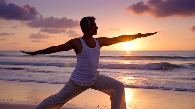 Athletic Man Practicing Yoga and Stretching on Sunny Beach for Mindfulness Spiritual Healing Zen Wellness and Peaceful Meditation in Golden Hour Light
