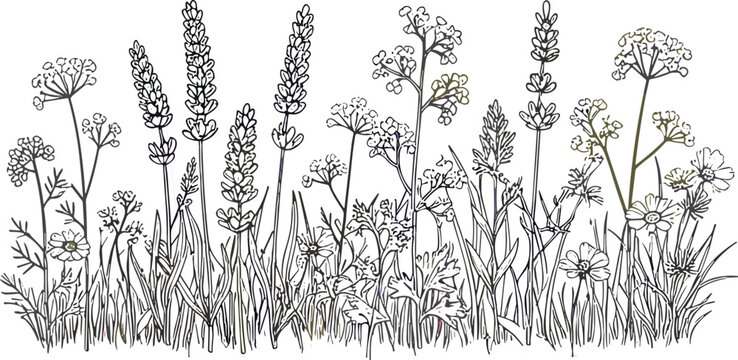 Hand Drawn Wildflower Meadow Border Line Art Vector Illustration with Lavender Chamomile and Garden Plants