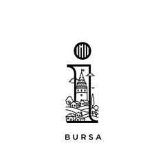 Naklejka premium Stylized emblem featuring a building landscape in a simple line art design