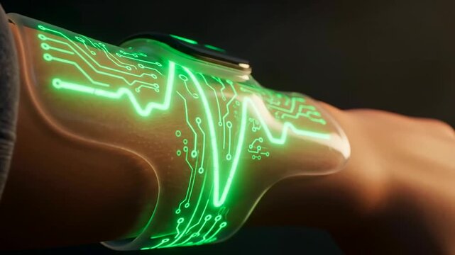 Human Wellbeing Monitoring with an innovative biometric wearable device displaying real-time health data through glowing green digital circuit patterns in a futuristic close-up shot.