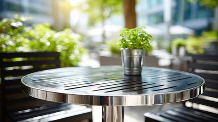 Fototapeta premium Outdoor Cafe Table with Plant in Metal Pot on Sunny Day