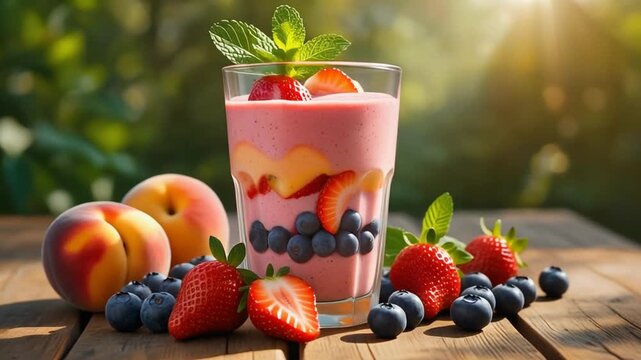 Fresh berry yogurt parfait in glass, natural sunlight, shallow depth of field, vibrant colors, macro cinematic shot, healthy breakfast concept, ultra realistic texture, 8K food commercial style.