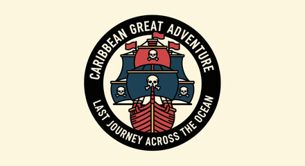 Fototapeta premium Vintage circular emblem featuring a detailed illustration of a sailing ship with the text 