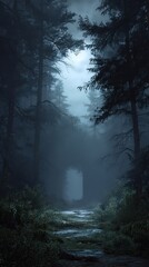 Ethereal Forest Path Illuminated By Moonlight With Dark Trees Glowing Particles and Pixelated Effect