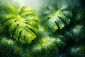 磨りガラス越しのモンステラ &times; 湿潤に滲む鮮緑の光 &times; ウェルネス・空間デザイン向け高級抽象背景