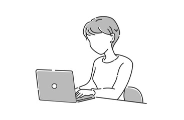 ノートパソコンで働く女性 上半身 顔なし シンプルビジネスイラスト グレー