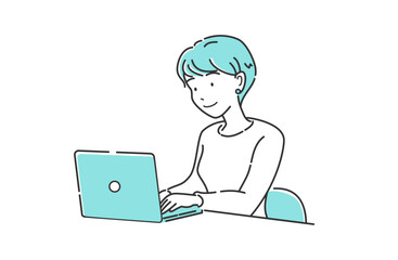 ノートパソコンで作業する笑顔の女性 上半身 シンプルビジネスイラスト 青