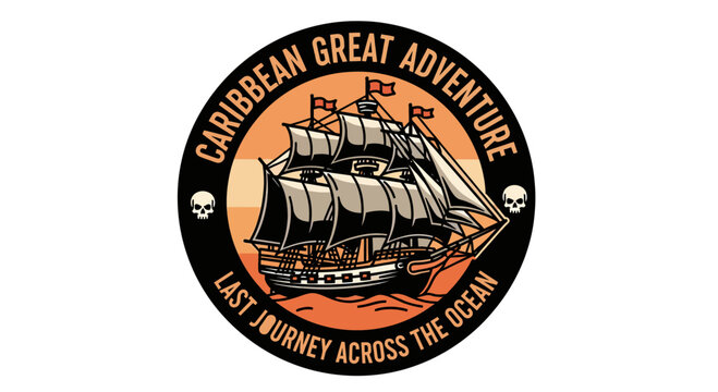 A vintage illustration of a pirate ship sailing across a turbulent ocean under a dramatic sunset sky, featuring skulls on either side of the circular emblem.