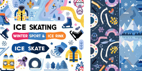 Colorful pattern featuring ice skating and winter sports elements © Provhash