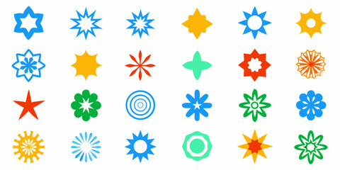 Colorful starburst and floral shapes arranged on a white background