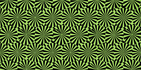 Optical illusion pattern with repeating green and black starburst shapes