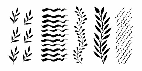 Collection of hand drawn botanical brushstroke elements in black and white