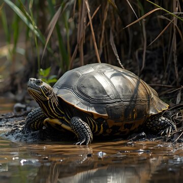 Yangtze giant softshell turtle resting at muddy pond edge surrounded by tall grass and vegetation, dark domed shell and striped patterns highlighted