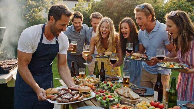 Multigenerational diverse group of joyful friends and family enjoying a festive backyard barbecue celebration and social gathering with delicious grilled lunch during a sunny outdoor party.