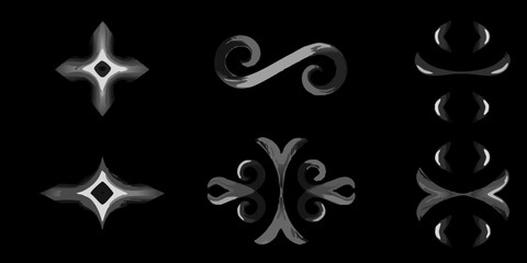 Abstract silver shapes and swirls against a black background