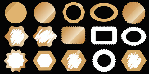 Collection of golden badges and ribbons on a black background