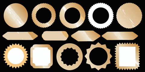 Collection of golden badges ribbons and seals on black background