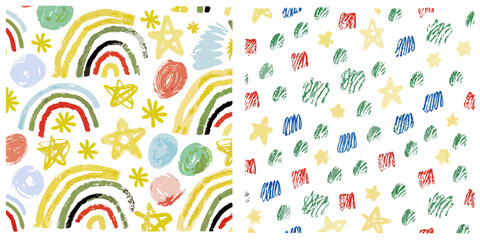 Colorful hand drawn rainbows and stars on a white background pattern