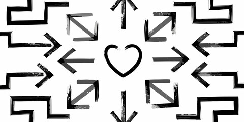Abstract pattern of black arrows and a heart shape on white