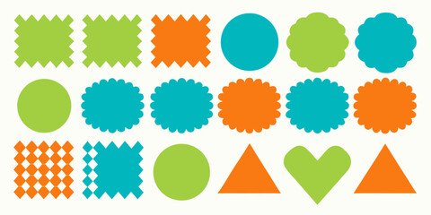 Colorful geometric shapes arranged in rows and columns on a white background