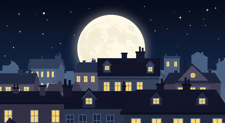 Cartoon night city with moon