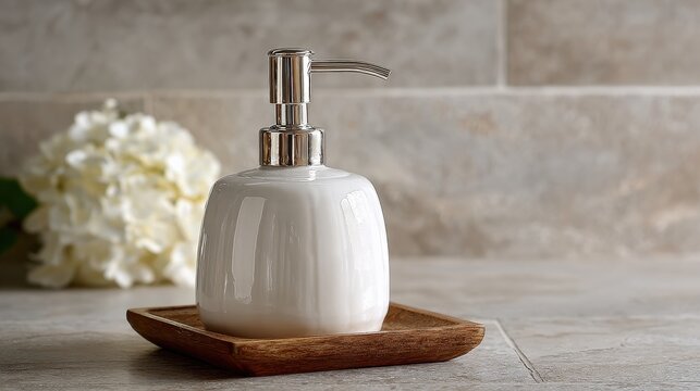 Elegant White Ceramic Soap Dispenser with Chrome Pump on Wooden Tray