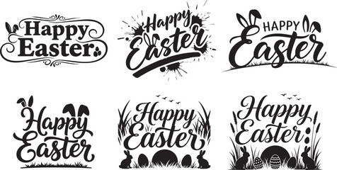 Fototapeta premium Happy Easter typography lettering set with bunny ears and hanging eggs spring holiday vector