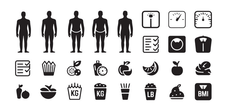 Body mass index and healthy nutrition icons including weight scales and food group symbols