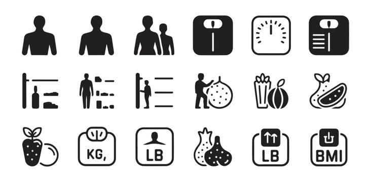 Weight and body mass index measurement icons set for health tracking