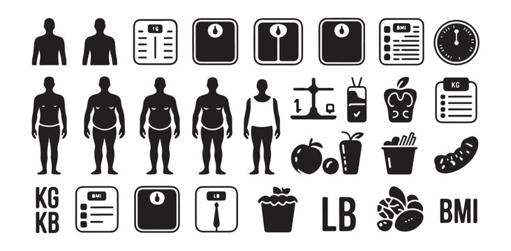 Various body shape and weight measuring tools symbols for health applications