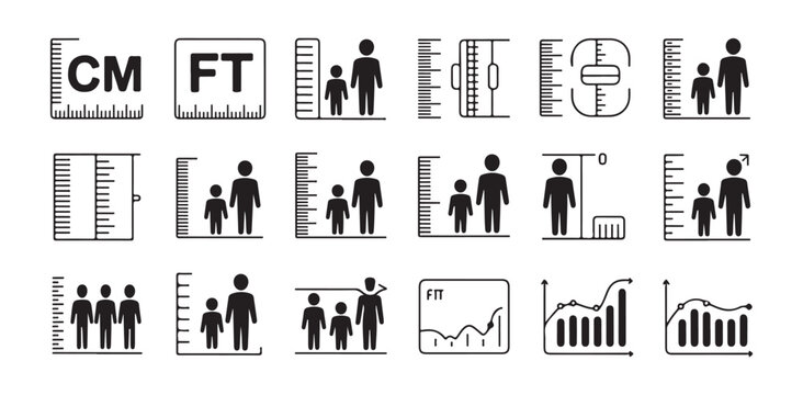 Body measurement symbols with height rulers tape measures and growth graphs