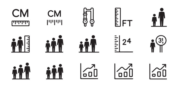 Growth height measurement icons set with ruler people and growth graph symbols vector illustration