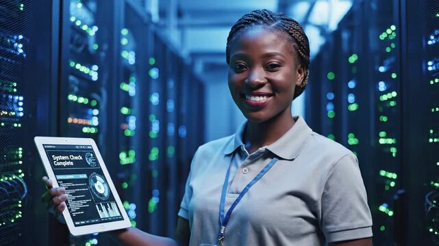 Professional female technician holding a digital tablet inside a modern data center server room, performing cybersecurity updates and maintenance on network mainframe machine storage systems.