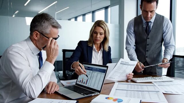 Professional accountant and business man collaborating on document analysis using laptop for financial sales revenue reading report and issue auditing during corporate office meeting.