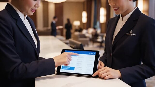 Professional receptionist in a modern hotel lobby collaborating over a digital tablet, showcasing teamwork and hospitality management while assisting guests at the front desk area.