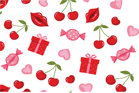 Valentine seamless pattern with cherries hearts candy lips and gift boxes in cute romantic cartoon vector style