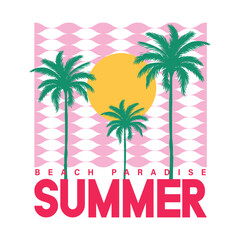 Obraz premium Summer Beach Paradise, Find Balance text with a waves illustration, for t-shirt prints, posters. Summer Beach Vector illustration.