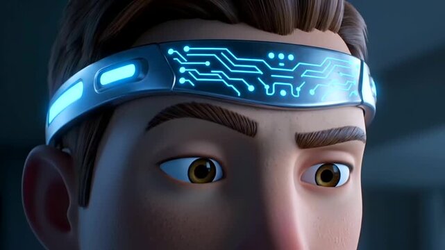 Human Wellbeing Monitoring with an advanced glowing digital headband on an animated young man, illustrating futuristic cognitive enhancement and health tracking technology in a cinematic close-up.