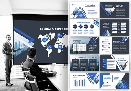 Modern Blue Corporate Business Presentation Template with Global Financial Market Theme