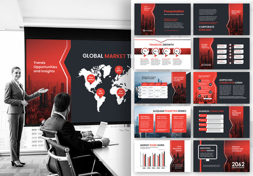 Modern Red Corporate Business Presentation Template with Global Financial Market Theme