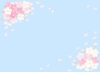 青空に舞う桜の花びら　背景素材　フレーム素材　あしらいイラスト