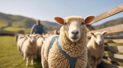 Obraz premium Charming Close-Up of a Sheep in a Beautiful Pastoral Setting with Herding and Green Hills