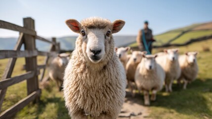 Fototapeta premium Close-Up of Sheep Herding in Scenic Landscape with Shepherd Guiding Flock on a Sunny Day