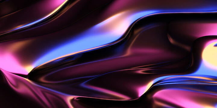 Vibrant abstract metallic waves with neon glow for modern design. 3d render
