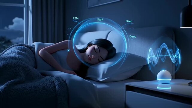 Human Wellbeing Monitoring with intelligent sleep technology analyzing brain activity and cycles for optimized rest and health in a peaceful bedroom with futuristic visuals.